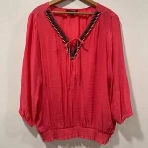 Zac & Rachel Womens Boho Beaded Top Sz XL‎ Pink Peasant Tie Blousy Travel Beachy